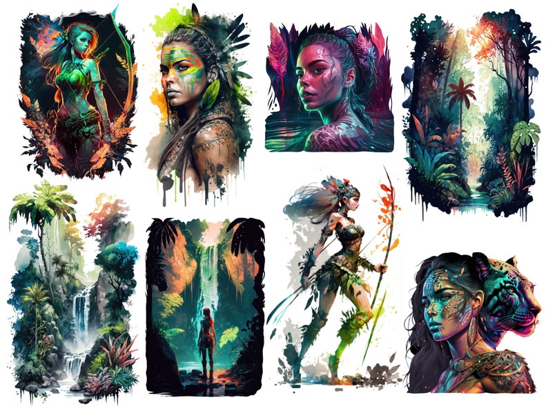 May include: A digital art collage featuring eight images of women with vibrant colors and jungle themes. The women are depicted with intricate details, including feathers, flowers, and animal prints. The jungle scenes are lush and vibrant, with waterfalls, palm trees, and other tropical foliage.