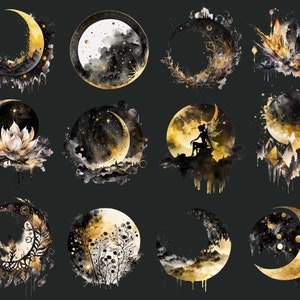 May include: Twelve watercolour illustrations of crescent moons with gold accents and various decorative elements. Each moon is set against a black background and features unique details like stars, flowers, crystals, and a fairy.