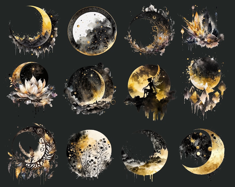 May include: Twelve watercolour illustrations of crescent moons with gold accents and various decorative elements. Each moon is set against a black background and features unique details like stars, flowers, crystals, and a fairy.
