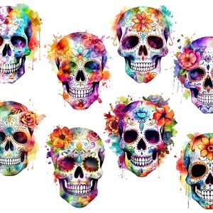 Puede incluir: Ocho calaveras de az&uacute;car coloridas con dise&ntilde;os intrincados y acentos florales. Las calaveras est&aacute;n pintadas en tonos vibrantes de rosa, azul, verde, amarillo y naranja. El fondo es blanco con salpicaduras de acuarela.