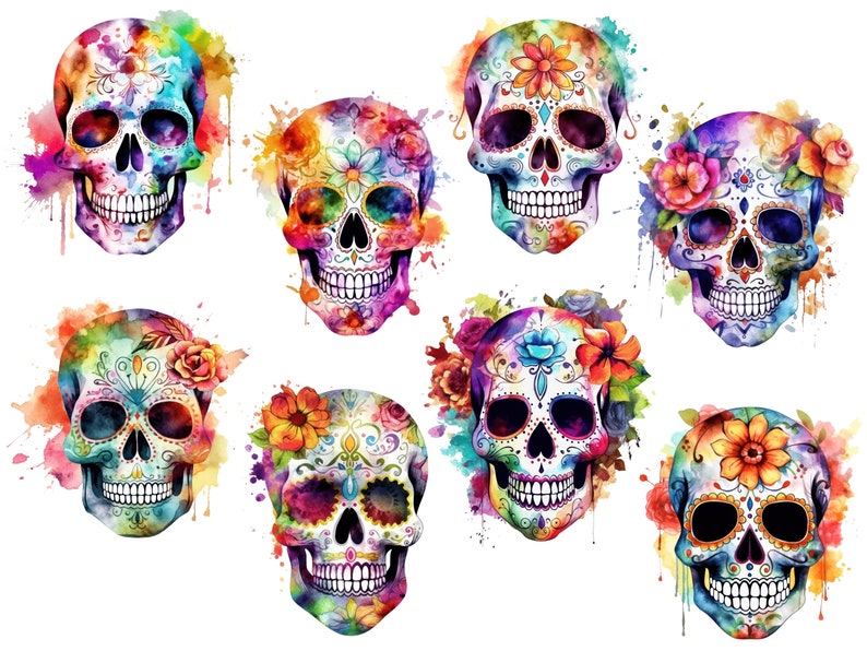 Puede incluir: Ocho calaveras de az&uacute;car coloridas con dise&ntilde;os intrincados y acentos florales. Las calaveras est&aacute;n pintadas en tonos vibrantes de rosa, azul, verde, amarillo y naranja. El fondo es blanco con salpicaduras de acuarela.