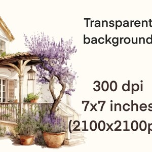 Pu&ograve; includere: Un dipinto ad acquerello di una casa bianca con un portico e cespugli di lavanda. La casa ha un tetto di legno e una porta marrone. Il portico ha una ringhiera di legno e una colonna bianca. I cespugli di lavanda sono in vaso e sono in fiore. Lo sfondo &egrave; bianco.