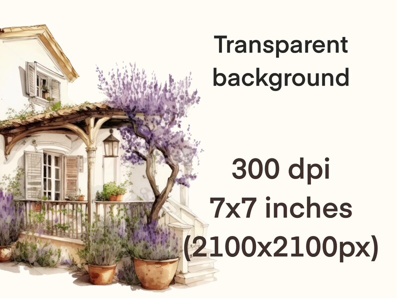 Pu&ograve; includere: Un dipinto ad acquerello di una casa bianca con un portico e cespugli di lavanda. La casa ha un tetto di legno e una porta marrone. Il portico ha una ringhiera di legno e una colonna bianca. I cespugli di lavanda sono in vaso e sono in fiore. Lo sfondo &egrave; bianco.