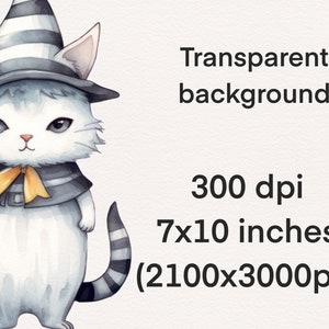 May include: A white cat wearing a black and white striped witch hat and a yellow bow tie holds a small orange pumpkin with a jack-o-lantern face. The cat has a black and white striped tail.