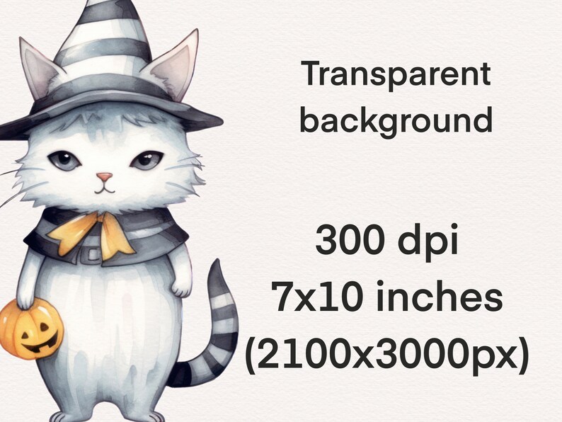 May include: A white cat wearing a black and white striped witch hat and a yellow bow tie holds a small orange pumpkin with a jack-o-lantern face. The cat has a black and white striped tail.