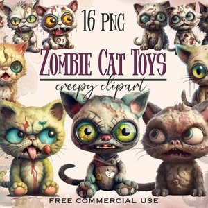 Zombie Cat Toy Clipart, Funny Halloween peluche zombies chaton png bundle, Images d'horreur de chats, Oeuvre d'art effrayante pour portrait d'animal de compagnie et Usage commercial gratuit