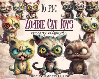 Zombie Cat Toy Clipart, Funny Halloween plush zombies kitten png bundle, Cats horror images, Scary pet portrait artwork, Free commercial use