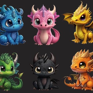 May include: Six cartoon baby dragons in various colours, including blue, pink, yellow, green, black, and orange. Each dragon has large eyes and a cute expression.