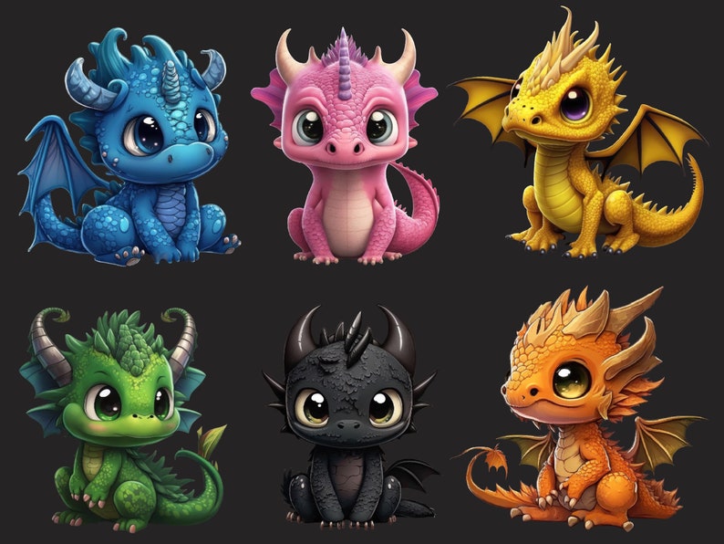 May include: Six cartoon baby dragons in various colours, including blue, pink, yellow, green, black, and orange. Each dragon has large eyes and a cute expression.