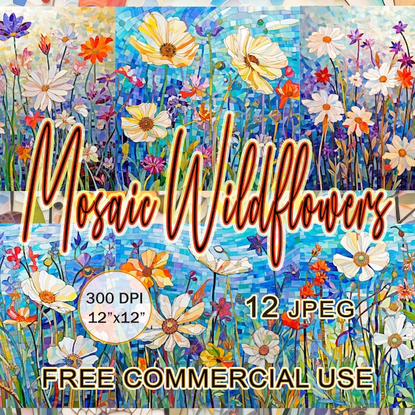 Wildflower meadow mosaic clipart, Digital mosaic art bundle, Wildflowers clipart, Wild flower clipart, Floral clipart, Mosaic flowers art