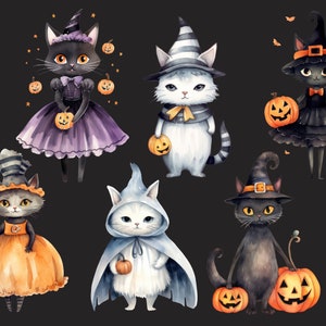 May include: Six black and white cats dressed in Halloween costumes. The cats are wearing witch hats, ghost costumes, and pumpkin-themed outfits. They are holding pumpkins and bats are flying in the background.