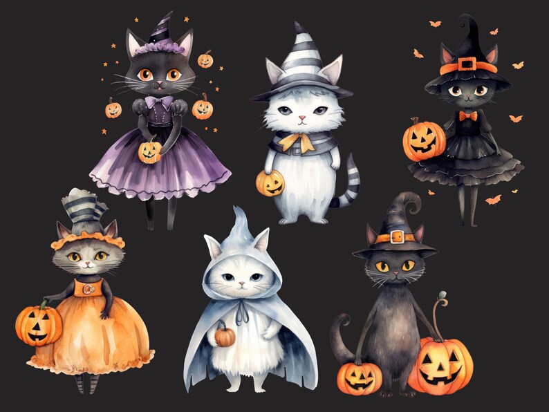 May include: Six black and white cats dressed in Halloween costumes. The cats are wearing witch hats, ghost costumes, and pumpkin-themed outfits. They are holding pumpkins and bats are flying in the background.