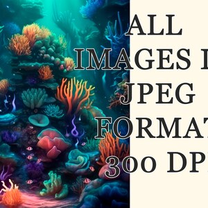 Puede incluir: Una escena submarina vibrante con arrecifes de coral coloridos y peces. La imagen est&aacute; en formato JPEG y tiene una resoluci&oacute;n de 300 DPI.