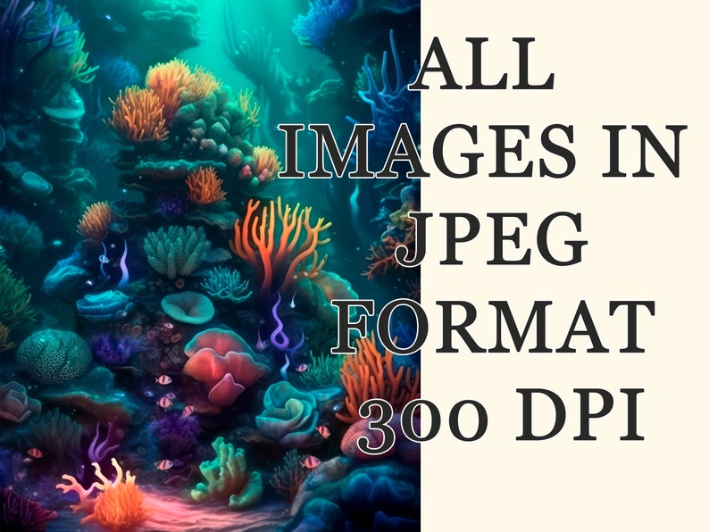 Puede incluir: Una escena submarina vibrante con arrecifes de coral coloridos y peces. La imagen est&aacute; en formato JPEG y tiene una resoluci&oacute;n de 300 DPI.