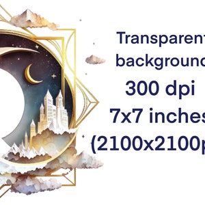 Puede incluir: Una ilustraci&oacute;n digital de una luna creciente con un castillo en el fondo. La luna est&aacute; rodeada de nubes y un marco dorado. El fondo es azul oscuro con estrellas.