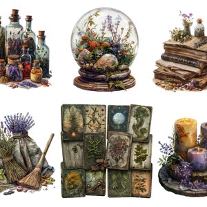 May include: A collection of six vintage-inspired illustrations featuring various magical and mystical elements. The illustrations include a glass dome filled with flowers, a stack of old books with herbs and bottles, a bouquet of lavender with a broom and a bag, a stack of cards with botanical illustrations, and a set of candles with lavender and a wooden base.