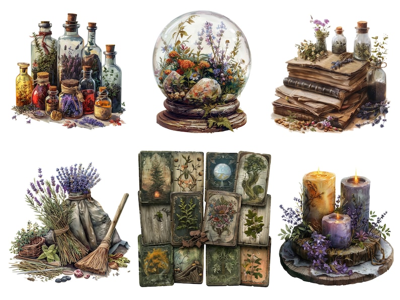 May include: A collection of six vintage-inspired illustrations featuring various magical and mystical elements. The illustrations include a glass dome filled with flowers, a stack of old books with herbs and bottles, a bouquet of lavender with a broom and a bag, a stack of cards with botanical illustrations, and a set of candles with lavender and a wooden base.