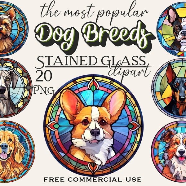 Stained glass dogs clipart, Suncatchers PNG bundle, Dog breed clipart, Stained glass png, Dog portrait png, Faux stained glass clipart