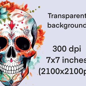 Puede incluir: Una ilustraci&oacute;n acuarela colorida de una calavera de az&uacute;car con acentos florales. La calavera est&aacute; decorada con intrincados patrones y colores brillantes, incluyendo rojo, azul, verde y naranja. El fondo es transparente.