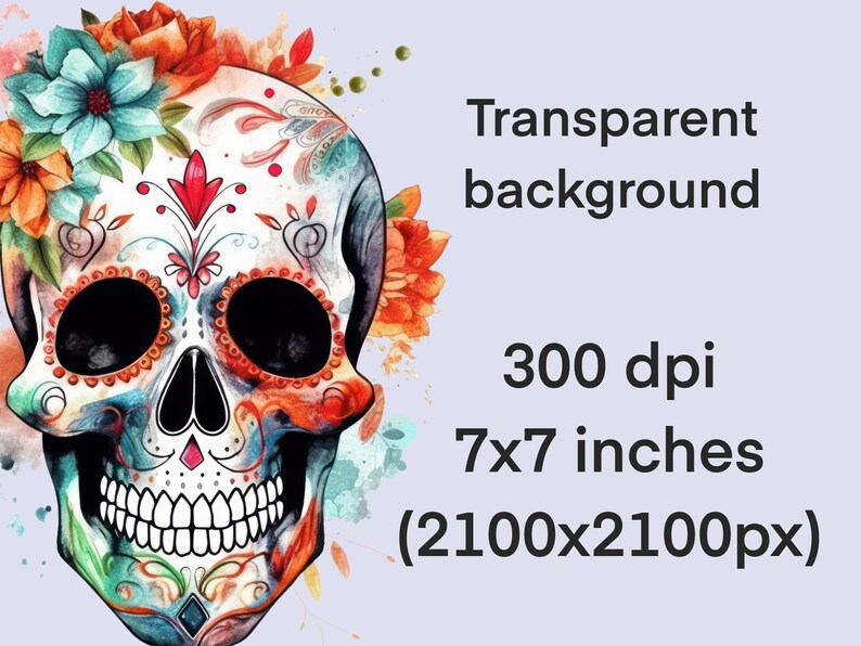 Puede incluir: Una ilustraci&oacute;n acuarela colorida de una calavera de az&uacute;car con acentos florales. La calavera est&aacute; decorada con intrincados patrones y colores brillantes, incluyendo rojo, azul, verde y naranja. El fondo es transparente.