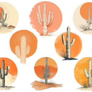 May include: A set of ten digital illustrations featuring various cacti in a desert landscape with a sunset in the background. The cacti are drawn in a minimalist style with black outlines and a watercolor wash in shades of orange and yellow.