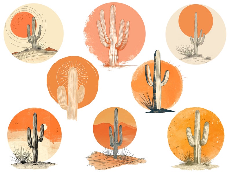 May include: A set of ten digital illustrations featuring various cacti in a desert landscape with a sunset in the background. The cacti are drawn in a minimalist style with black outlines and a watercolor wash in shades of orange and yellow.