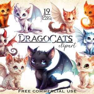 Cute Dragon Cat PNG-bundel, babydraak clipart, schattig kitten clipart, Fantasy baby dieren png, Fairy cat kunst, afbeeldingen schattige kleine draak