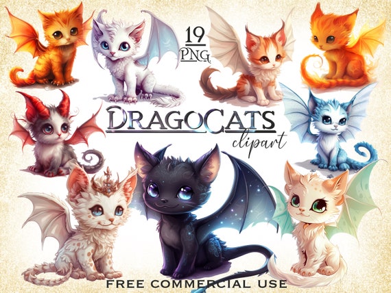 Cute Dragon Cat PNG Bundle, Baby dragon clipart, Cute kitten clipart, Fantasy baby animals png, Fairy cat art, Cute little dragon images