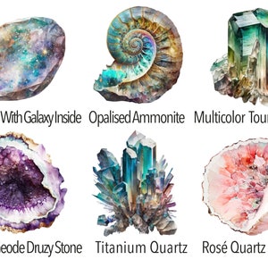 May include: A collection of six watercolor paintings depicting different types of gemstones and minerals. The paintings include a luz opal with a galaxy inside, an opalised ammonite, a multicolor tourmaline, a purple geode druzy stone, a titanium quartz, and a ros&eacute; quartz geode.