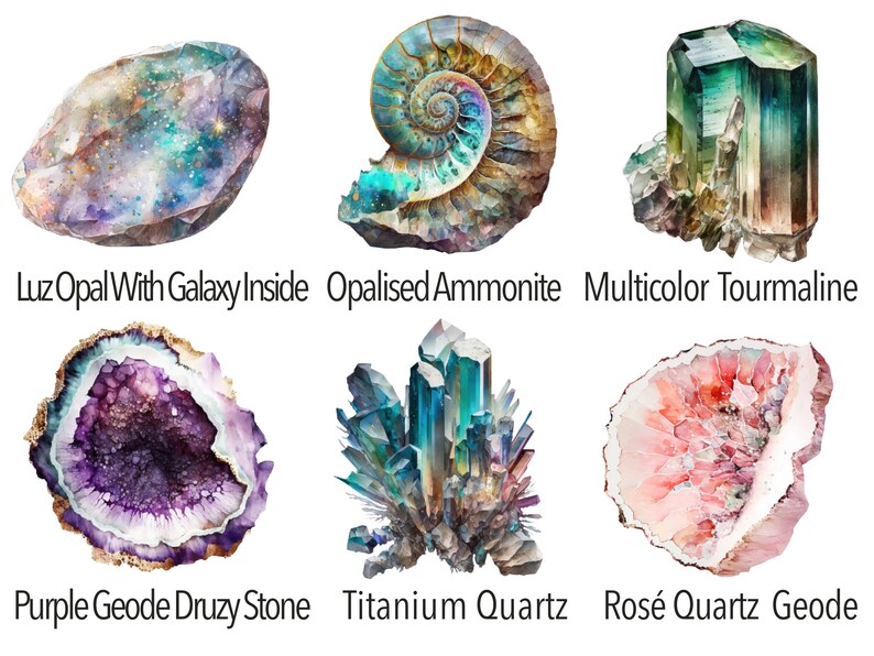 May include: A collection of six watercolor paintings depicting different types of gemstones and minerals. The paintings include a luz opal with a galaxy inside, an opalised ammonite, a multicolor tourmaline, a purple geode druzy stone, a titanium quartz, and a ros&eacute; quartz geode.
