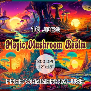 Psychedelische Pilz Landschaft Clipart, magische Pilz Clipart, Hippie Tapisserie Psy druckbare Kunst, trippy Kunst, groovy Clipart, spirituelle Kunst