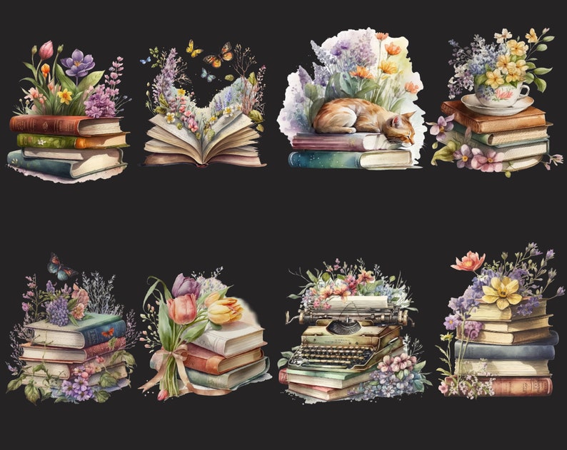 May include: A collection of ten watercolor illustrations featuring stacks of books with floral accents. The illustrations include a cat sleeping on a stack of books, a typewriter, a bouquet of flowers, and butterflies.