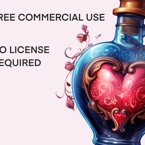 May include: A blue glass bottle with a gold lid and a heart-shaped design. The bottle is filled with a red liquid and has a floral pattern on the front. The text "FREE COMMERCIAL USE" and "NO LICENSE REQUIRED" is visible in the background.