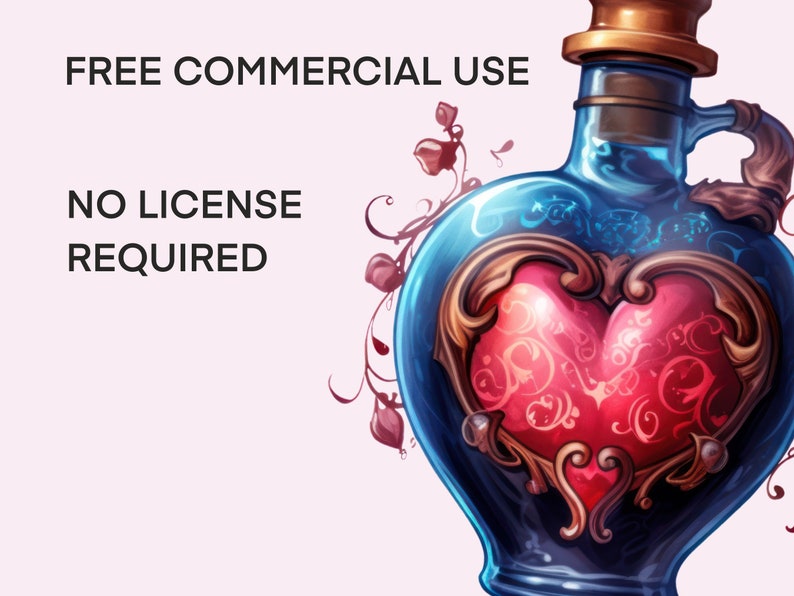 May include: A blue glass bottle with a gold lid and a heart-shaped design. The bottle is filled with a red liquid and has a floral pattern on the front. The text "FREE COMMERCIAL USE" and "NO LICENSE REQUIRED" is visible in the background.