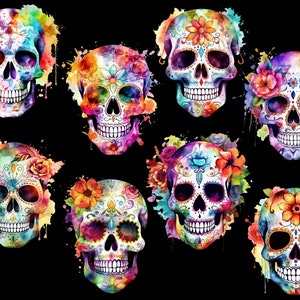 Puede incluir: Ocho calaveras de az&uacute;car coloridas con dise&ntilde;os florales y salpicaduras de pintura acuarela sobre un fondo negro.