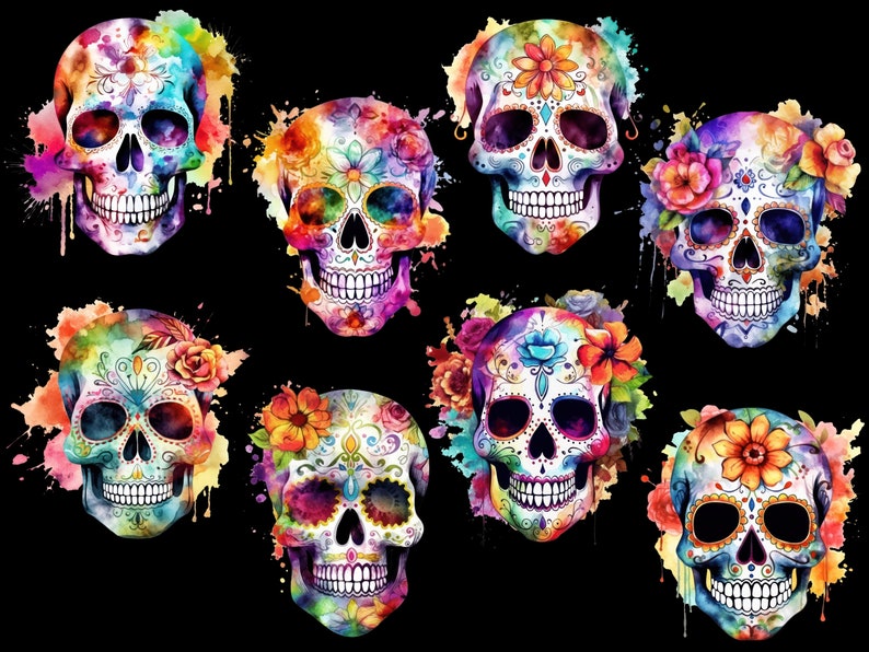 Puede incluir: Ocho calaveras de az&uacute;car coloridas con dise&ntilde;os florales y salpicaduras de pintura acuarela sobre un fondo negro.