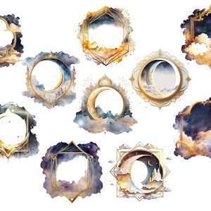 Puede incluir: Diez ilustraciones de acuarela de marcos dorados ornamentados con lunas crecientes y nubes. Los marcos est&aacute;n colocados sobre un fondo azul oscuro con estrellas y una lavada de acuarela.