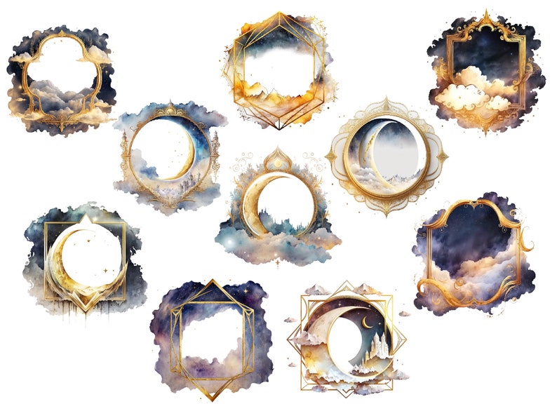 Puede incluir: Diez ilustraciones de acuarela de marcos dorados ornamentados con lunas crecientes y nubes. Los marcos est&aacute;n colocados sobre un fondo azul oscuro con estrellas y una lavada de acuarela.