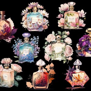 May include: Nine different perfume bottles with floral designs. Each bottle has a unique design and is decorated with flowers. The bottles are arranged in a grid pattern.