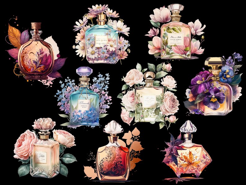May include: Nine different perfume bottles with floral designs. Each bottle has a unique design and is decorated with flowers. The bottles are arranged in a grid pattern.