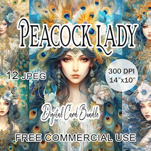 Clipart de dame paon, oeuvre d'art de fille de mode bohème, cartes imprimables de portrait féminin haute résolution, téléchargements numériques, usage commercial gratuit