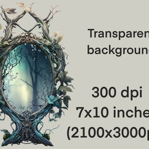 May include: A decorative oval mirror with a blue and green tree-like frame. The mirror reflects a misty forest scene with a tall tree in the center.
