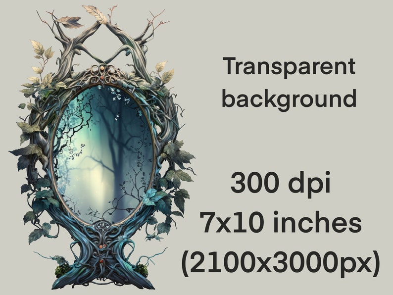 May include: A decorative oval mirror with a blue and green tree-like frame. The mirror reflects a misty forest scene with a tall tree in the center.