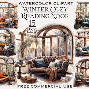 Winter Leseecke PNG Bundle, Aquarell gemütliche Buchecke Clipart, lesen png, Bücherwurm png, Buch png, Bücher Clipart, Buchleser png