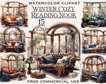 Winter reading nook PNG bundle, Watercolor cozy book nook clipart, Reading png, Book worm png, Book png, Books clipart, Book reader png