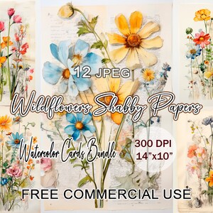 Aquarel ephemera wilde bloemen, Afdrukbare kaart wilde bloemen, Wilde bloemen aquarel clipart, Shabby vintage papers, Gratis commercieel gebruik