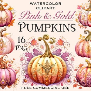 Pink and Gold pumpkin clipart, Watercolor fall png images bundle, Autumn holiday digital artwork for design & collage, Free commercial use