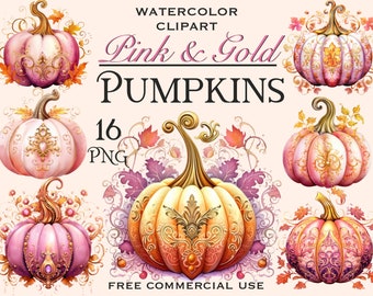 Pink and Gold pumpkin clipart, Watercolor fall png images bundle, Autumn holiday digital artwork for design & collage, Free commercial use