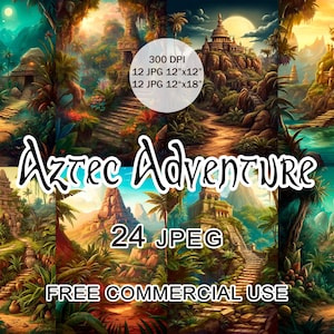 Fantasie Azteekse avontuur clipart met tropisch tempellandschap | 24 jpeg's voor game-achtergrond en -ontwerp, gratis commercieel gebruik