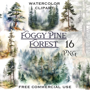 Mistig dennenbos clipart, aquarel bossen bundel png-afbeeldingen, mistige landschapskunst, zomer landschap digitale kunst, gratis commercieel gebruik